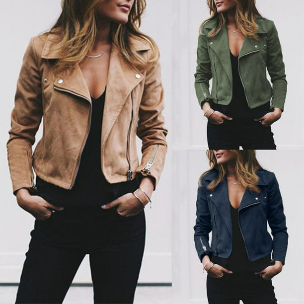 Women Ladies Leather Jacket Coats Zip Up Biker Flight Casual Top Coat Outwear